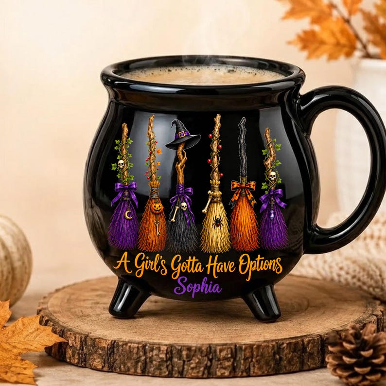 Personalized Witch Broom Cauldron Mug, Custom Name Halloween Ceramic Cup, Funny Spooky Coffee Gift for Her