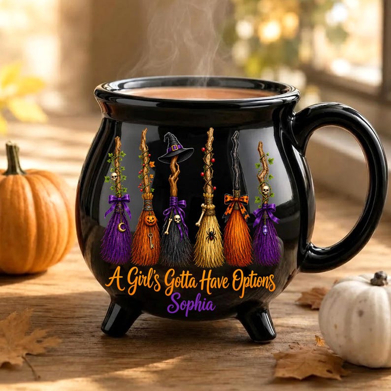 Personalized Witch Broom Cauldron Mug, Custom Name Halloween Ceramic Cup, Funny Spooky Coffee Gift for Her