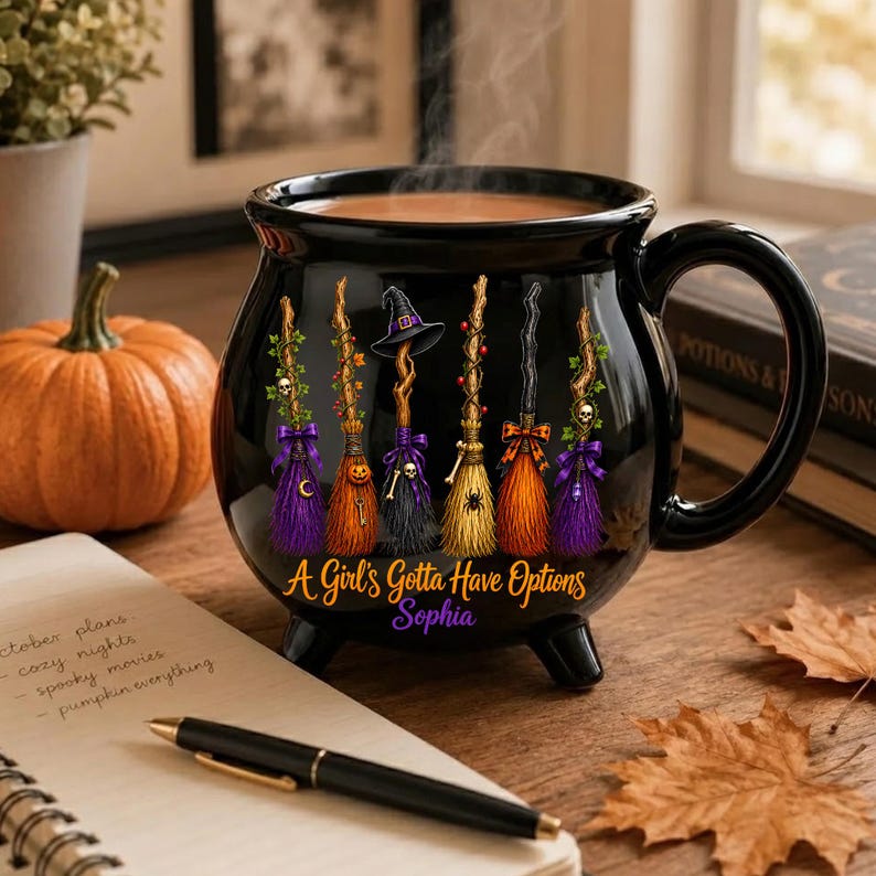 Personalized Witch Broom Cauldron Mug, Custom Name Halloween Ceramic Cup, Funny Spooky Coffee Gift for Her