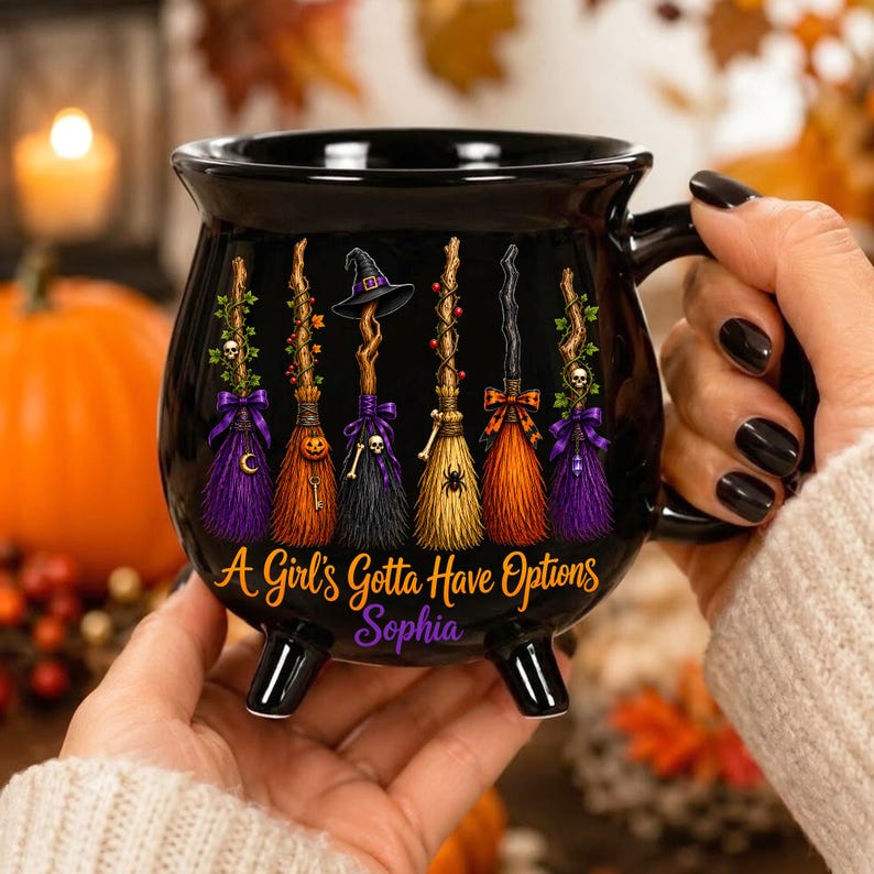 Personalized Witch Broom Cauldron Mug, Custom Name Halloween Ceramic Cup, Funny Spooky Coffee Gift for Her