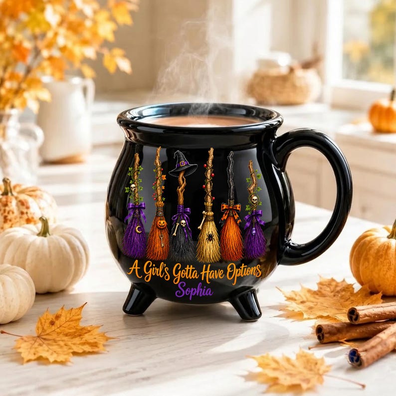 Personalized Witch Broom Cauldron Mug, Custom Name Halloween Ceramic Cup, Funny Spooky Coffee Gift for Her