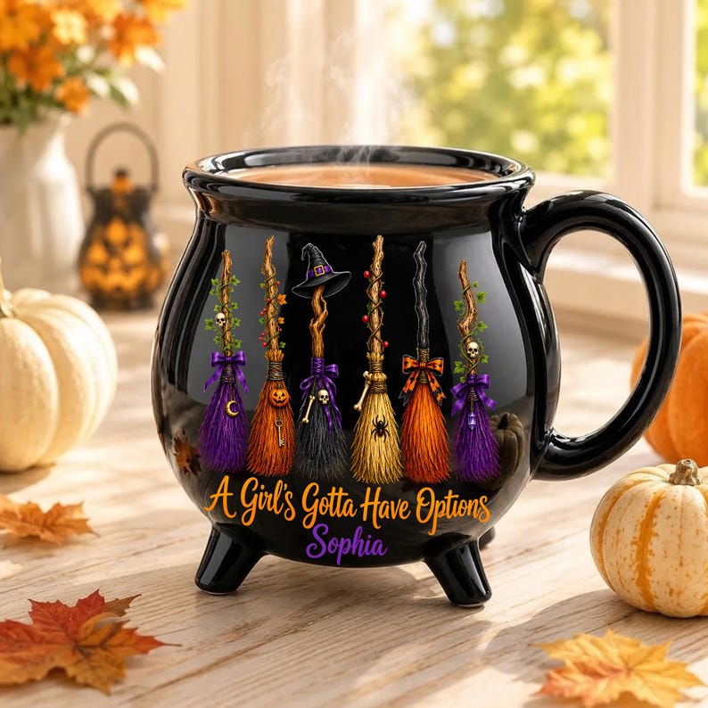 Personalized Witch Broom Cauldron Mug, Custom Name Halloween Ceramic Cup, Funny Spooky Coffee Gift for Her