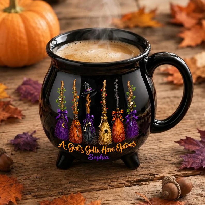 Personalized Witch Broom Cauldron Mug, Custom Name Halloween Ceramic Cup, Funny Spooky Coffee Gift for Her