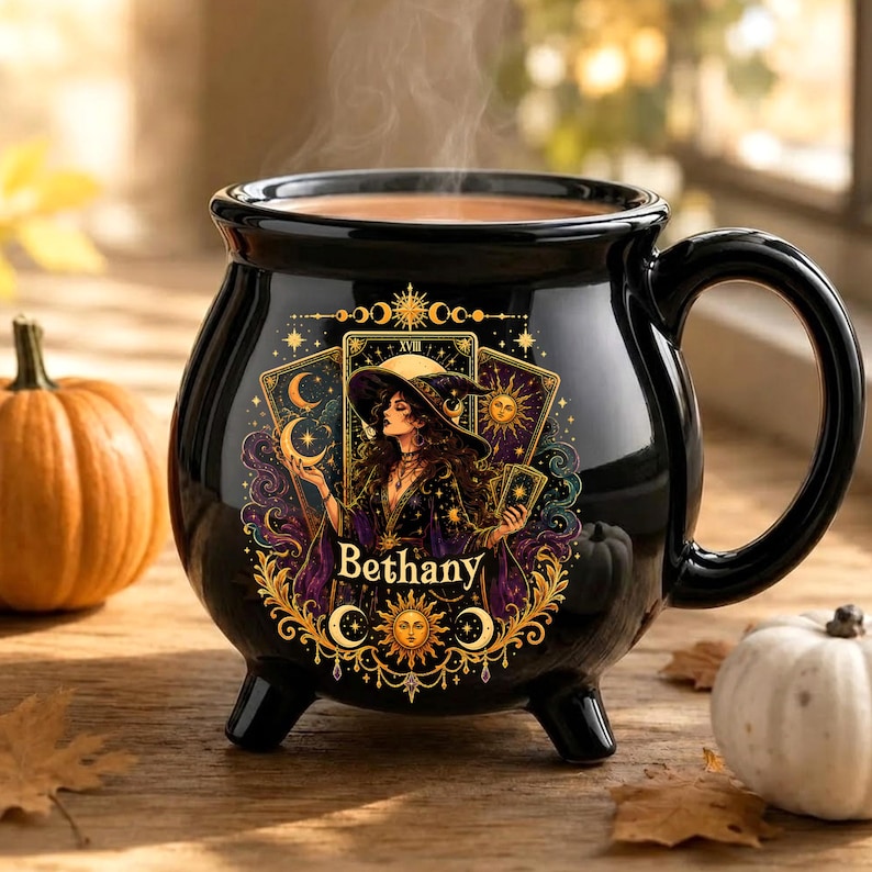Personalized Tarot Witch Cauldron Mug, Custom Name Halloween Ceramic Cup, Celestial Gothic Coffee Gift for Her