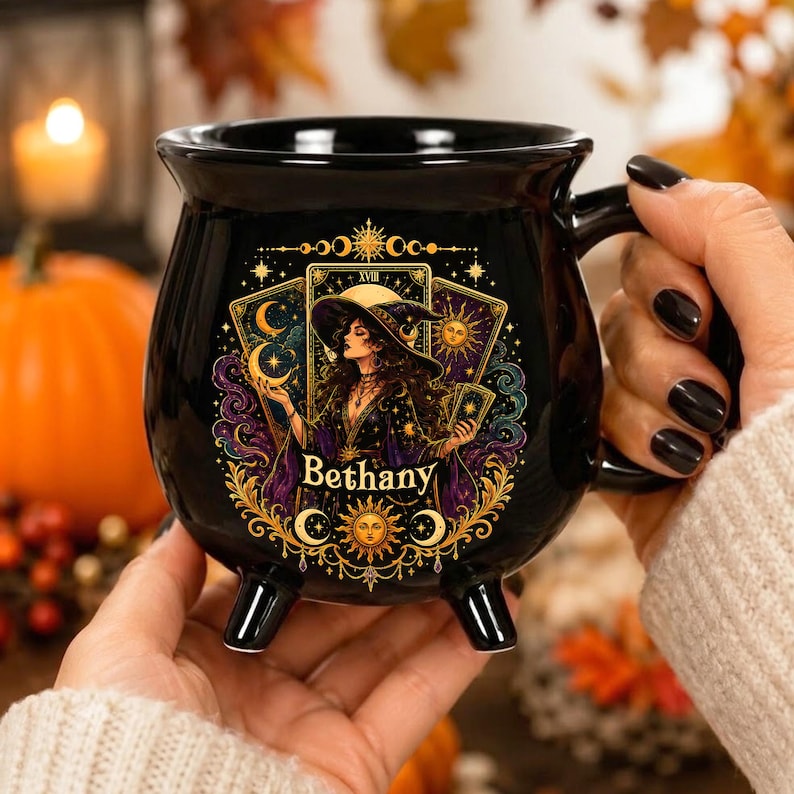 Personalized Tarot Witch Cauldron Mug, Custom Name Halloween Ceramic Cup, Celestial Gothic Coffee Gift for Her
