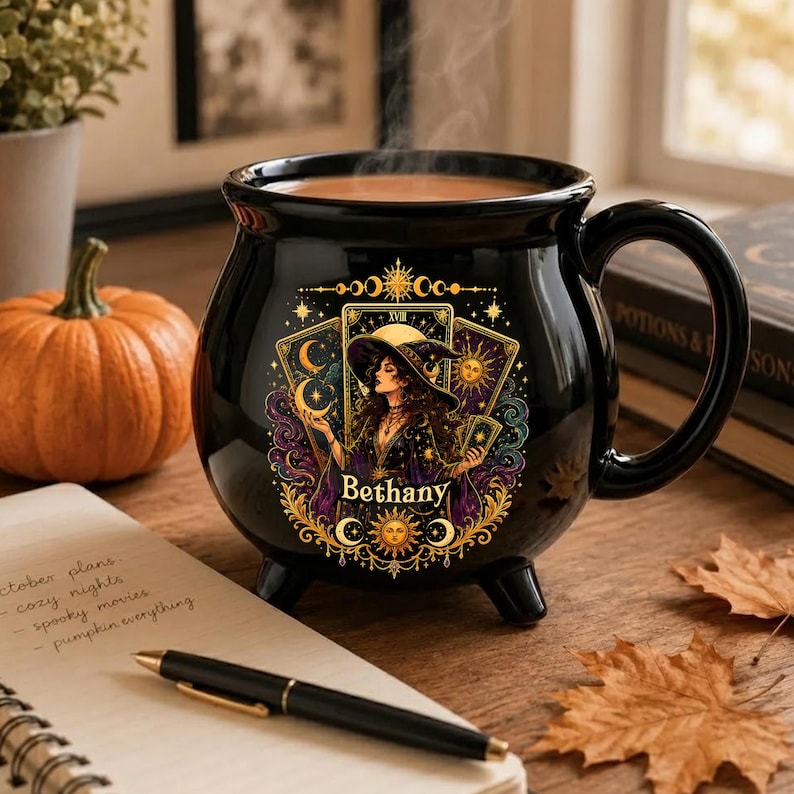 Personalized Tarot Witch Cauldron Mug, Custom Name Halloween Ceramic Cup, Celestial Gothic Coffee Gift for Her