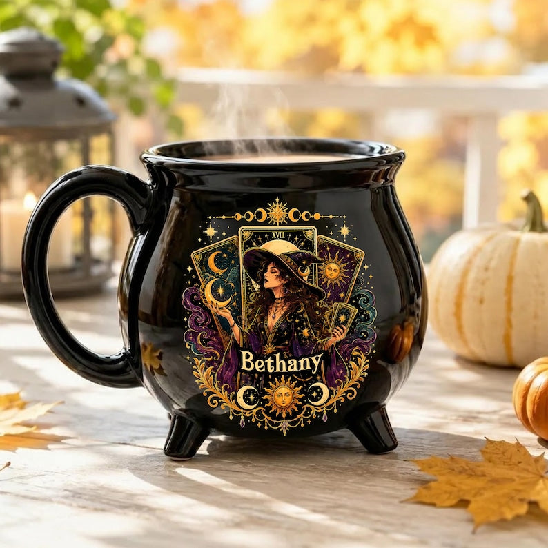Personalized Tarot Witch Cauldron Mug, Custom Name Halloween Ceramic Cup, Celestial Gothic Coffee Gift for Her