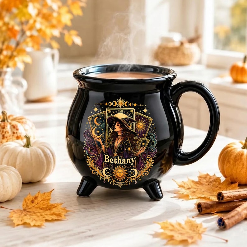 Personalized Tarot Witch Cauldron Mug, Custom Name Halloween Ceramic Cup, Celestial Gothic Coffee Gift for Her