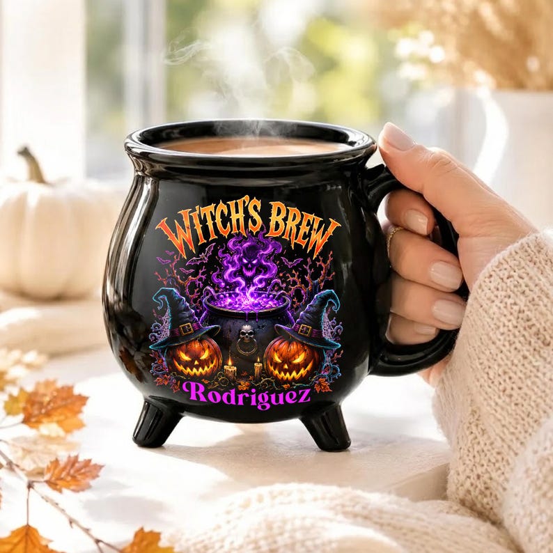 Personalized Witch’s Brew Cauldron Mug, Custom Name Halloween Ceramic Cup, Pumpkin Witch Coffee Gift