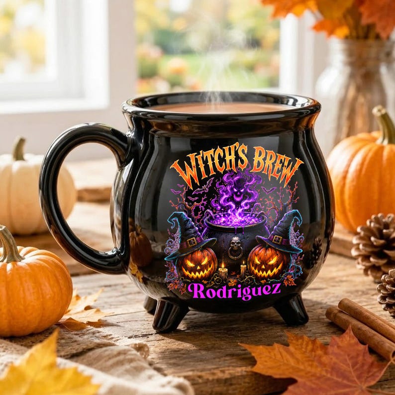 Personalized Witch’s Brew Cauldron Mug, Custom Name Halloween Ceramic Cup, Pumpkin Witch Coffee Gift