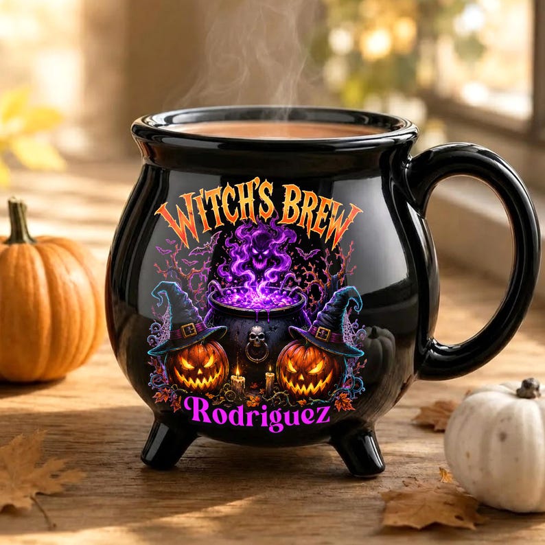 Personalized Witch’s Brew Cauldron Mug, Custom Name Halloween Ceramic Cup, Pumpkin Witch Coffee Gift