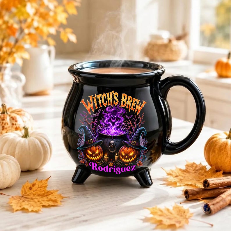 Personalized Witch’s Brew Cauldron Mug, Custom Name Halloween Ceramic Cup, Pumpkin Witch Coffee Gift