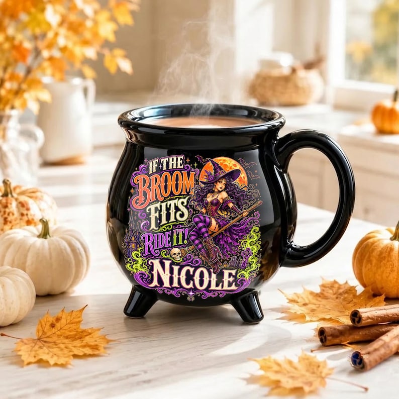 Personalized Witch Cauldron Mug, Custom Name Halloween Ceramic Cup, Funny Witchy Coffee Mug