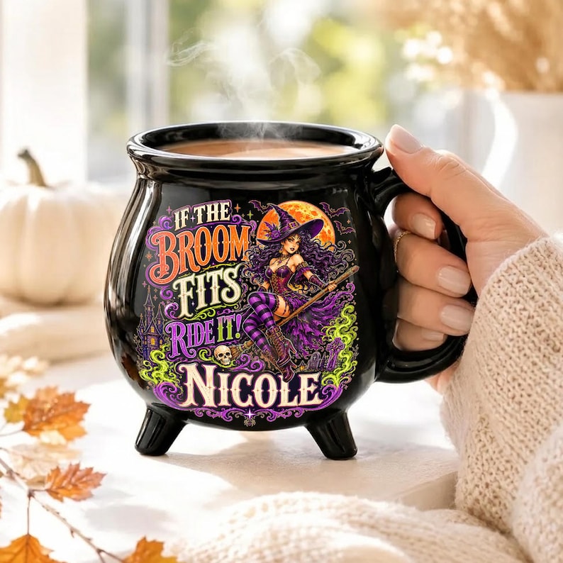 Personalized Witch Cauldron Mug, Custom Name Halloween Ceramic Cup, Funny Witchy Coffee Mug
