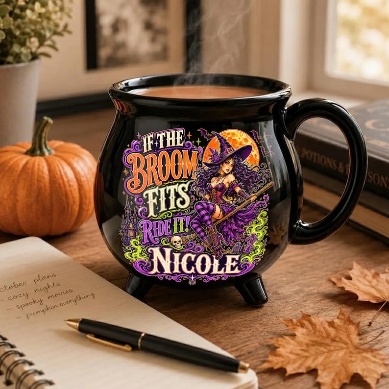 Personalized Witch Cauldron Mug, Custom Name Halloween Ceramic Cup, Funny Witchy Coffee Mug