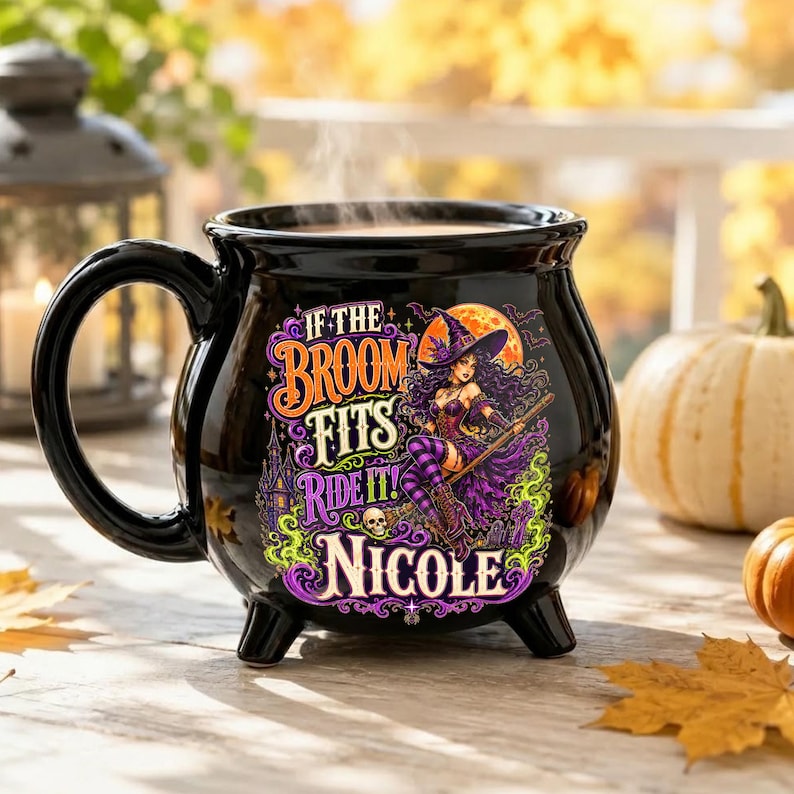 Personalized Witch Cauldron Mug, Custom Name Halloween Ceramic Cup, Funny Witchy Coffee Mug