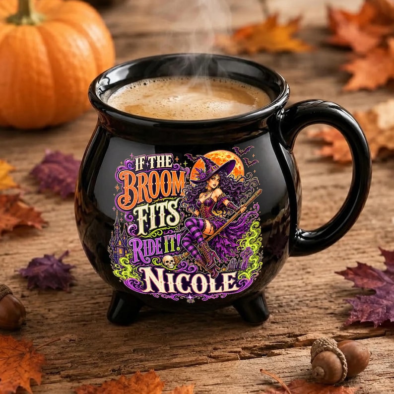 Personalized Witch Cauldron Mug, Custom Name Halloween Ceramic Cup, Funny Witchy Coffee Mug