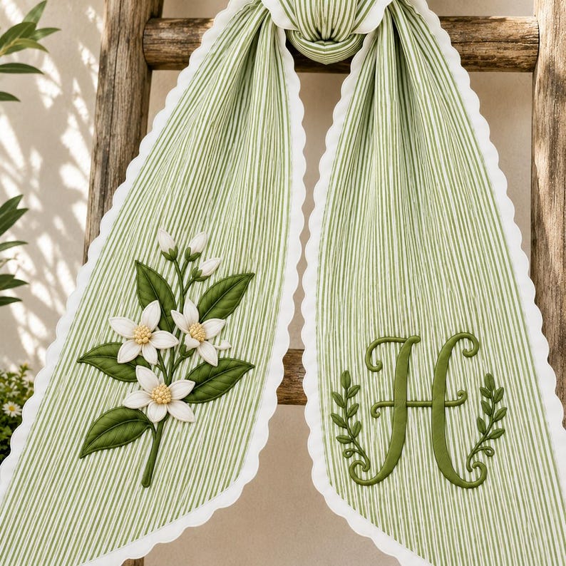 Personalized Wreath Sash, Embroidered Orange Blossom Bow, Custom Monogram Wreath Bow, Green Stripe Door Decor