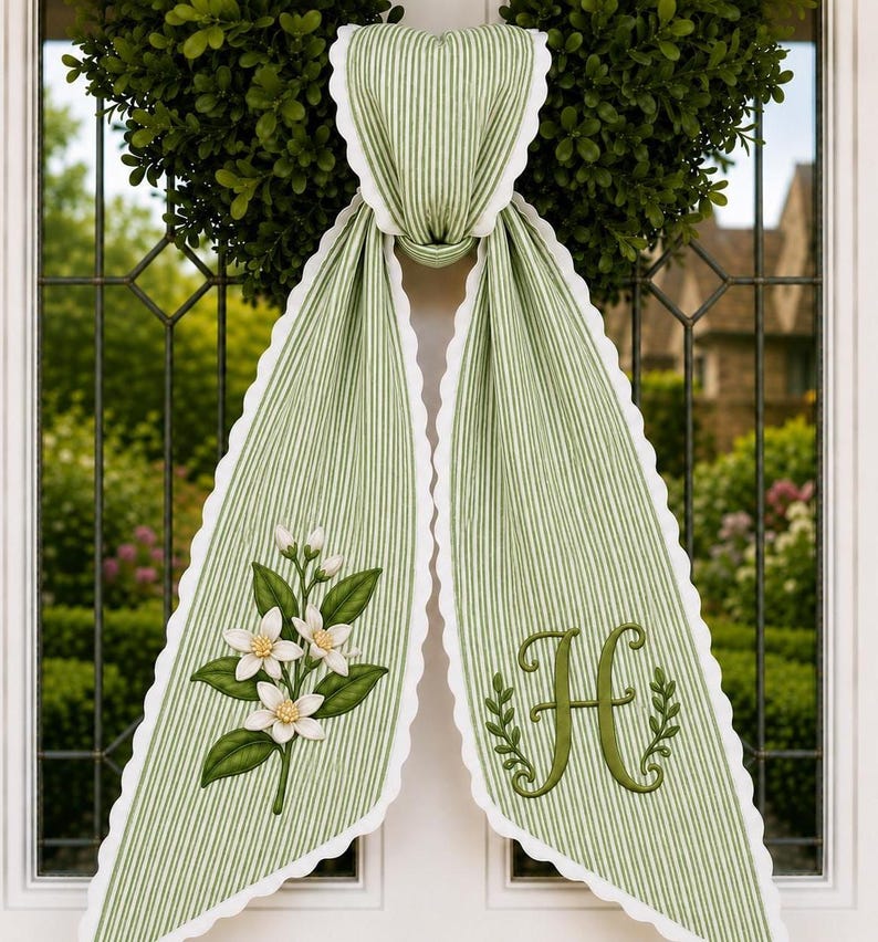Personalized Wreath Sash, Embroidered Orange Blossom Bow, Custom Monogram Wreath Bow, Green Stripe Door Decor