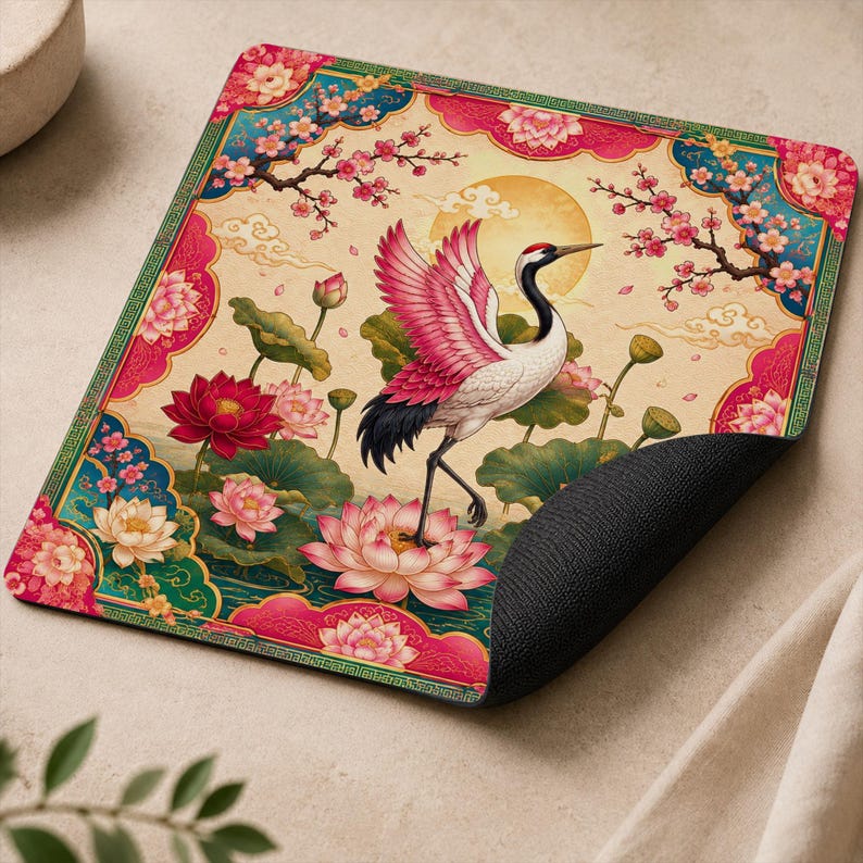 Personalized Crane Lotus Mahjong Mat, Asian Floral Game Table Runner Gift