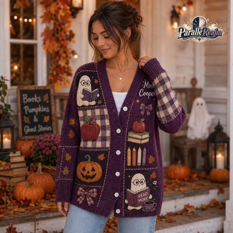 Personalized Ghost Reading Book Teacher Halloween Cardigan, Custom Name Educator Sweater, Halloween School Cardigan