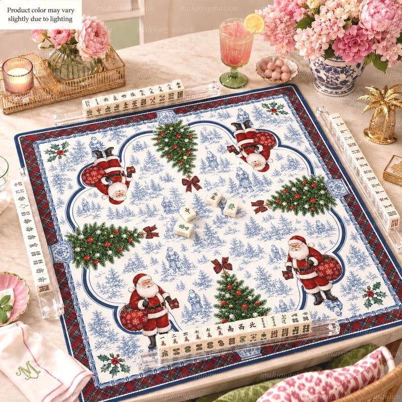 Christmas Toile Chinoiseries Mahjong Mat, Santa Tree Tartan Game Mat, Preppy Holiday Mahjong Gift, Non Slip Table Cover