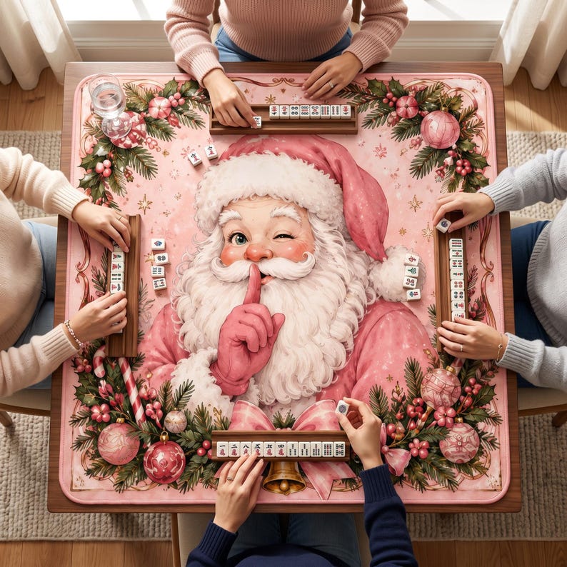 Pink Vintage Santa Christmas Mahjong Mat, Holly Candy Canes Bows Table Cover, Holiday Game Mat