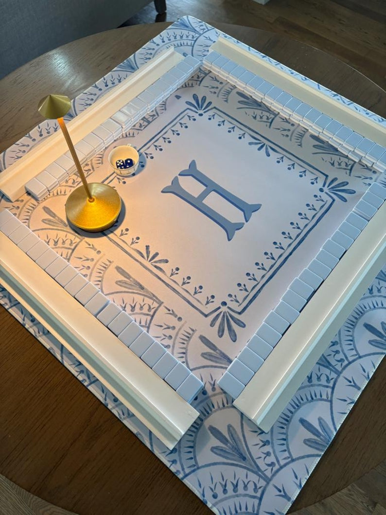 Personalized Mahjong Mat, Custom Monogram Mahjong Playing Mat, Blue Chinoiserie Mahjong Mat, Game Mat Gift