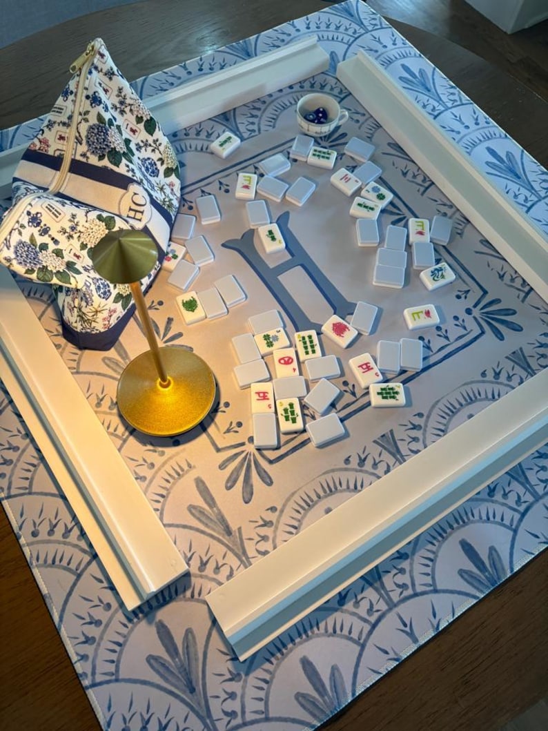 Personalized Mahjong Mat, Custom Monogram Mahjong Playing Mat, Blue Chinoiserie Mahjong Mat, Game Mat Gift
