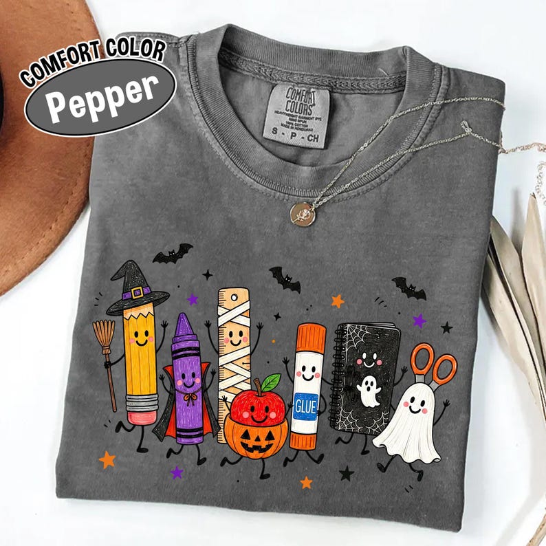 Comfort Colors Halloween Teacher Shirt, Spooky School Supplies Graphic Tee, Cute Ghost Classroom T-Shirt