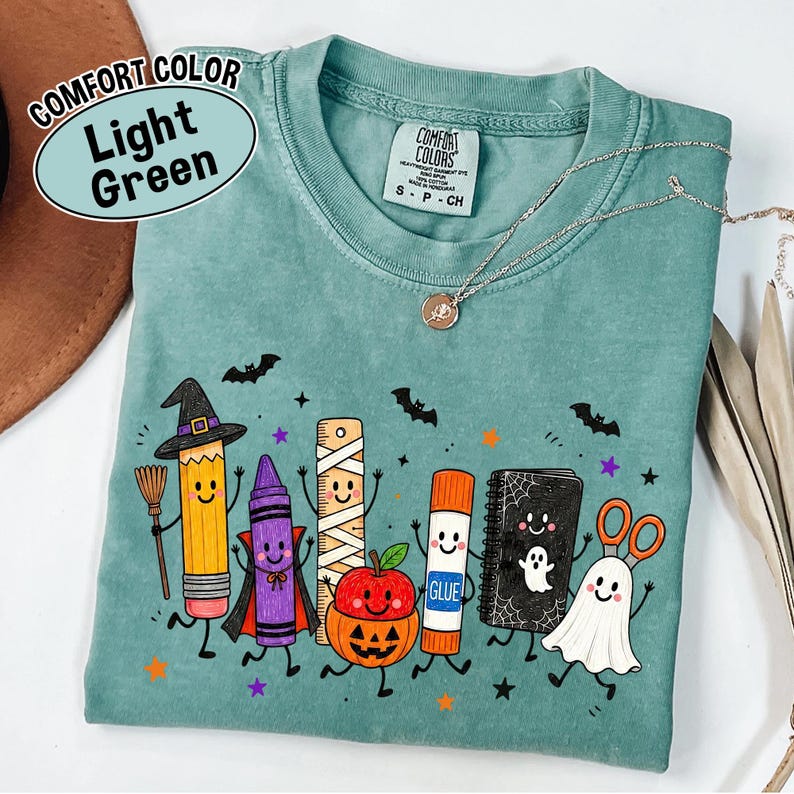 Comfort Colors Halloween Teacher Shirt, Spooky School Supplies Graphic Tee, Cute Ghost Classroom T-Shirt