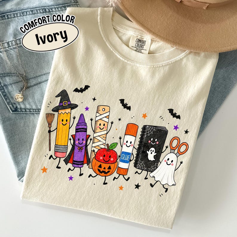 Comfort Colors Halloween Teacher Shirt, Spooky School Supplies Graphic Tee, Cute Ghost Classroom T-Shirt