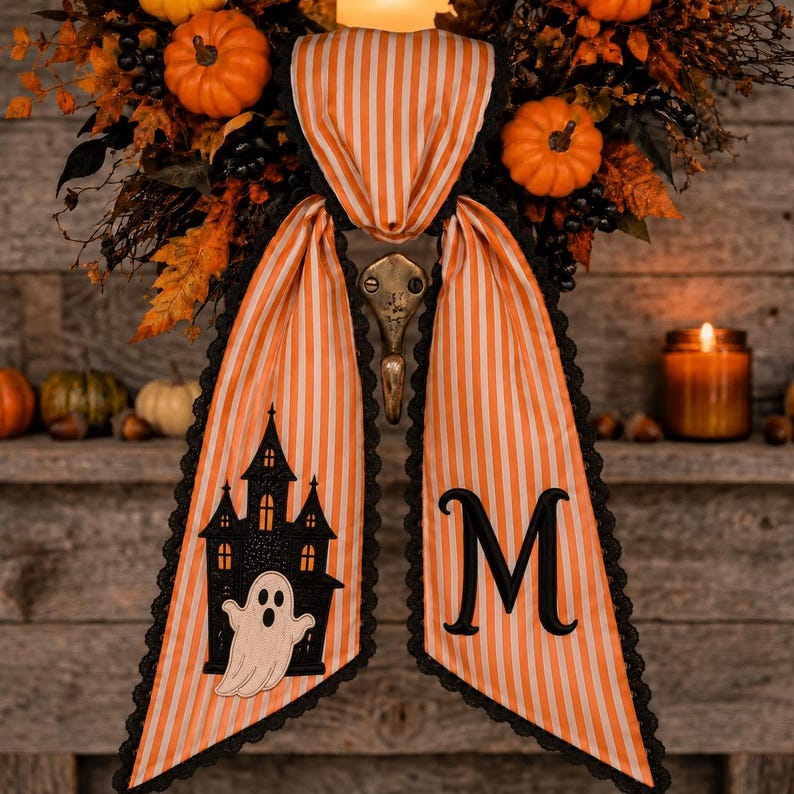 Personalized Halloween Door Bow, Embroidered Ghost Haunted House Sash, Monogram Initial, Orange Stripe