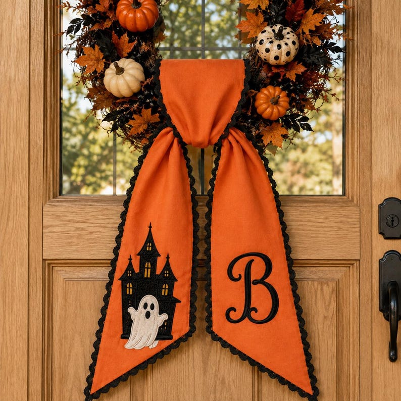 Personalized Halloween Door Bow, Embroidered Ghost Haunted House Sash, Monogram Initial, Orange Stripe