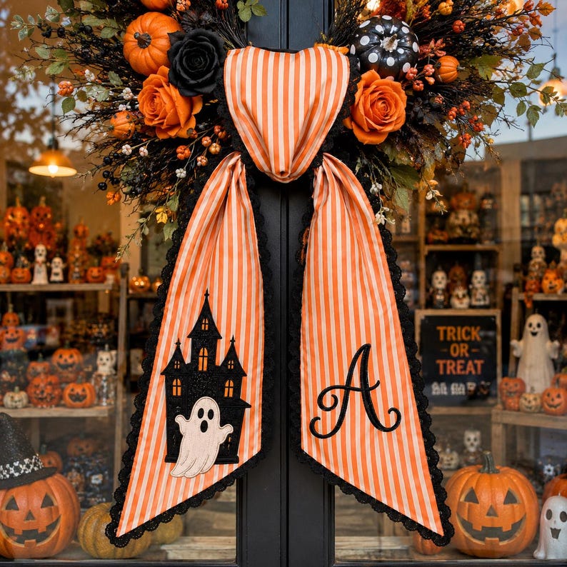 Personalized Halloween Door Bow, Embroidered Ghost Haunted House Sash, Monogram Initial, Orange Stripe