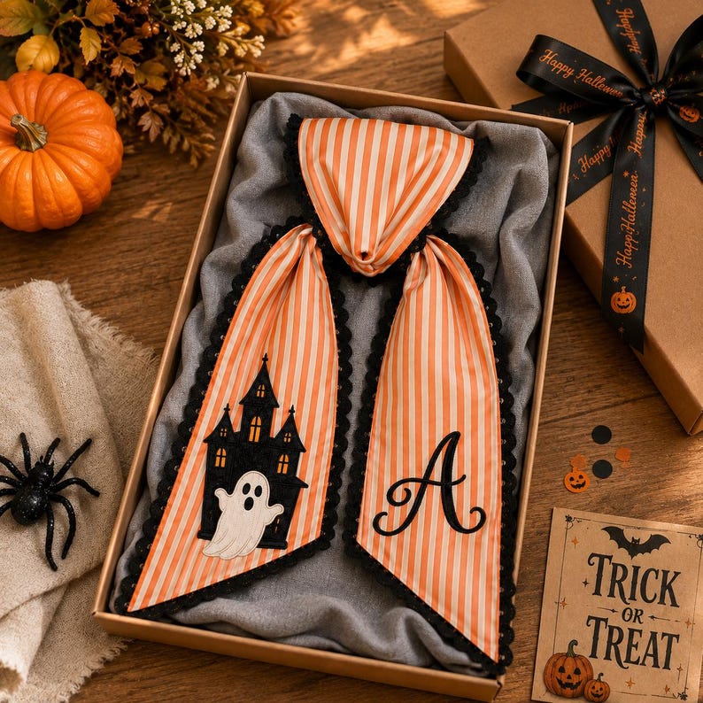 Personalized Halloween Door Bow, Embroidered Ghost Haunted House Sash, Monogram Initial, Orange Stripe