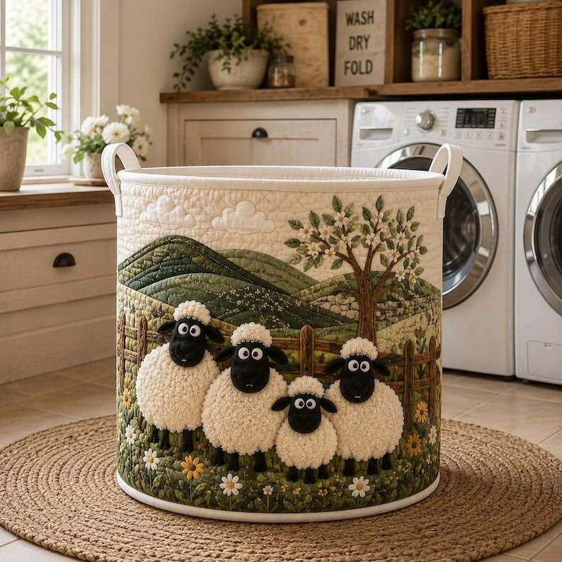 Rustic Sheep Laundry Basket, Quilted Farmhouse Storage Hamper, Country Cottage Clothes Organizer