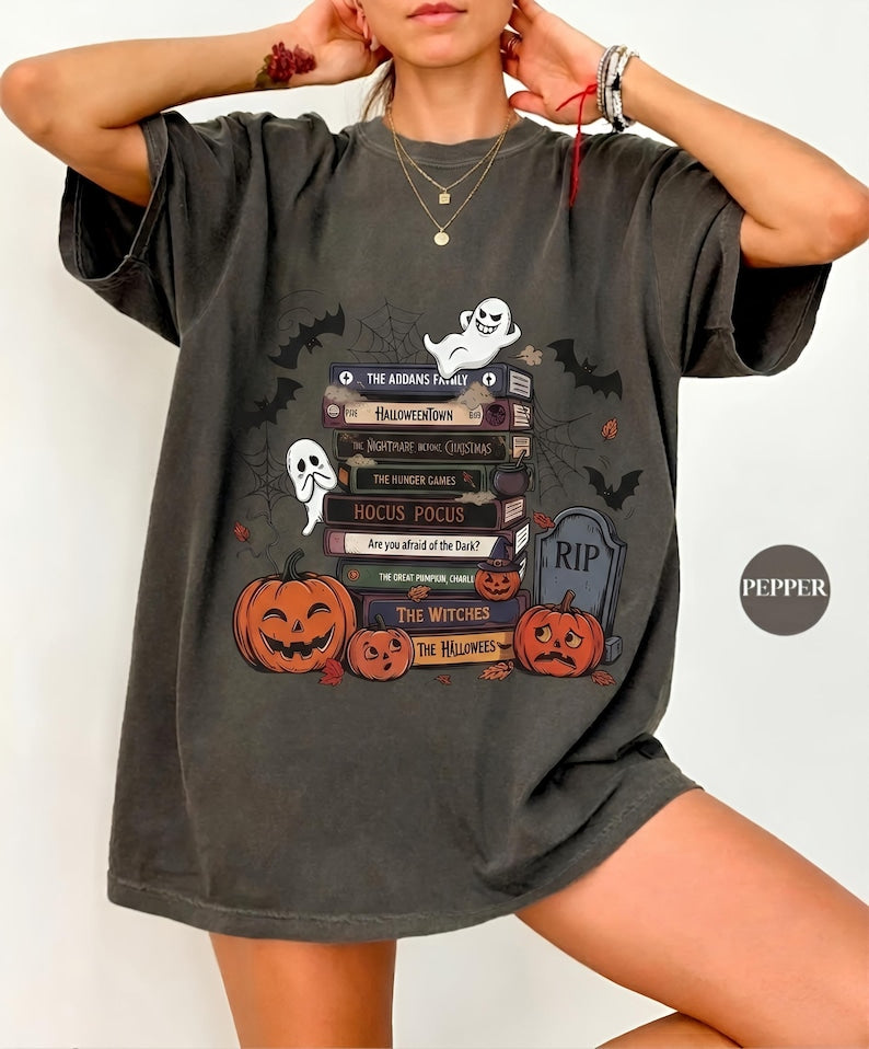 Comfort Colors Halloween Book Stack T-Shirt, Spooky Season Movie Lover Tee