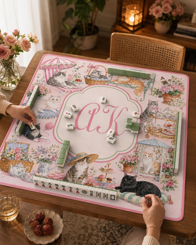 Personalized Cat Mahjong Mat, Custom Monogram Mahjong Table Mat, Pink Floral Cat Game Mat