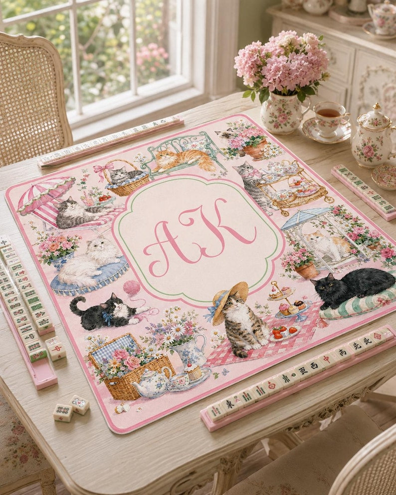 Personalized Cat Mahjong Mat, Custom Monogram Mahjong Table Mat, Pink Floral Cat Game Mat
