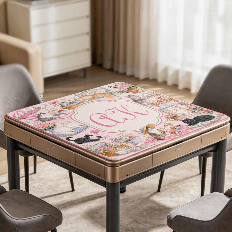 Personalized Cat Mahjong Mat, Custom Monogram Mahjong Table Mat, Pink Floral Cat Game Mat