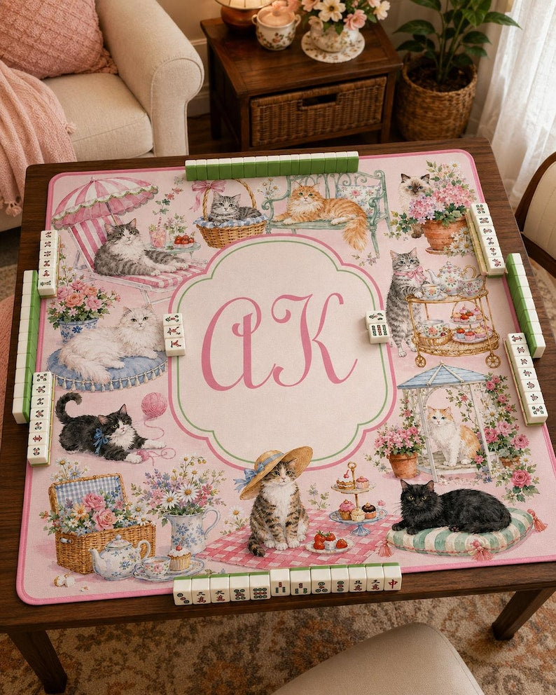 Personalized Cat Mahjong Mat, Custom Monogram Mahjong Table Mat, Pink Floral Cat Game Mat
