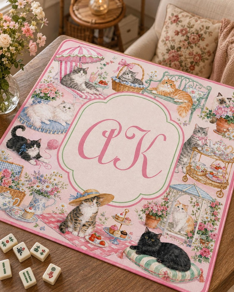 Personalized Cat Mahjong Mat, Custom Monogram Mahjong Table Mat, Pink Floral Cat Game Mat