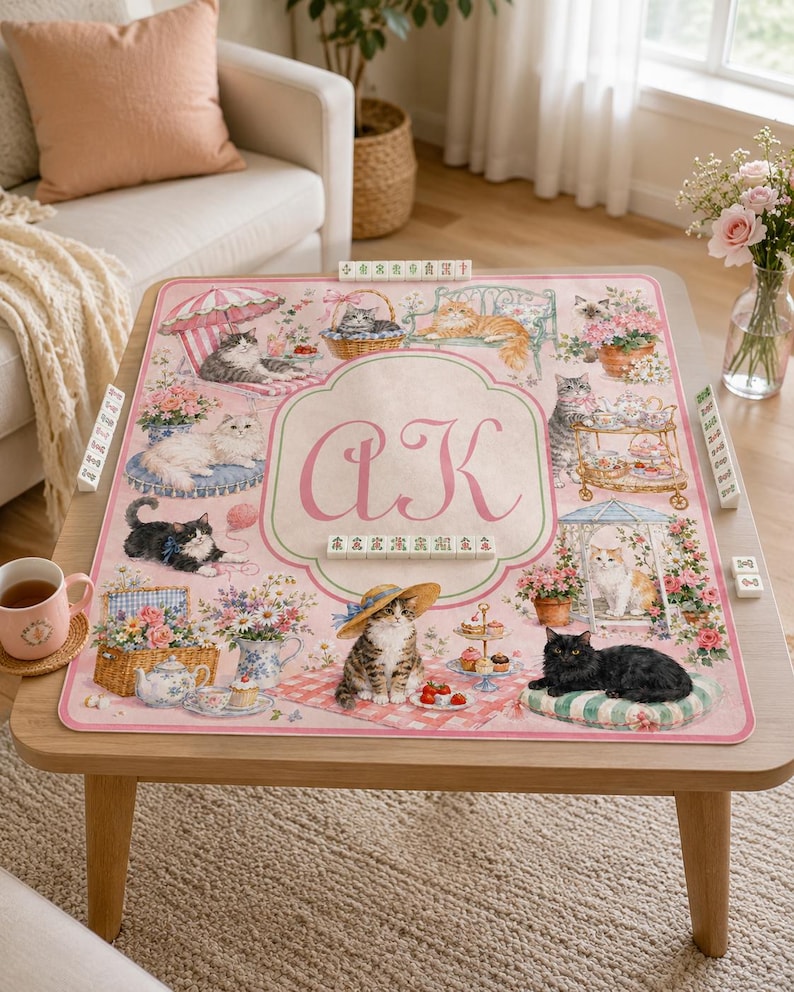Personalized Cat Mahjong Mat, Custom Monogram Mahjong Table Mat, Pink Floral Cat Game Mat