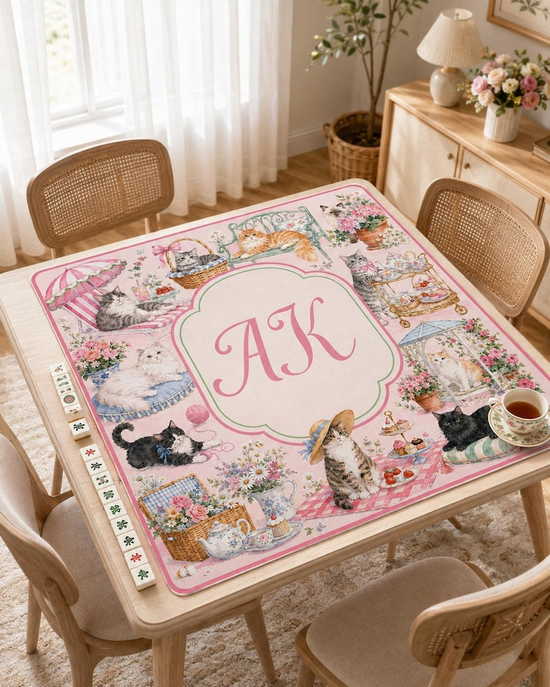 Personalized Cat Mahjong Mat, Custom Monogram Mahjong Table Mat, Pink Floral Cat Game Mat