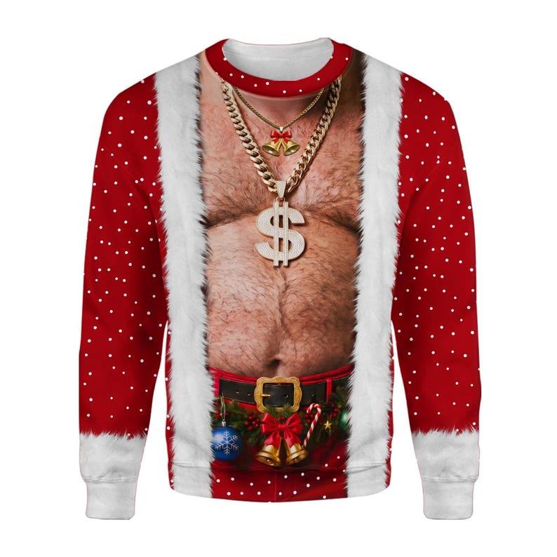 3D Realistic Hairy Santa Sweatshirt, Funny Santa Body Sweater, Gag Gift for Husband, Offensive Ugly Xmas Shirt