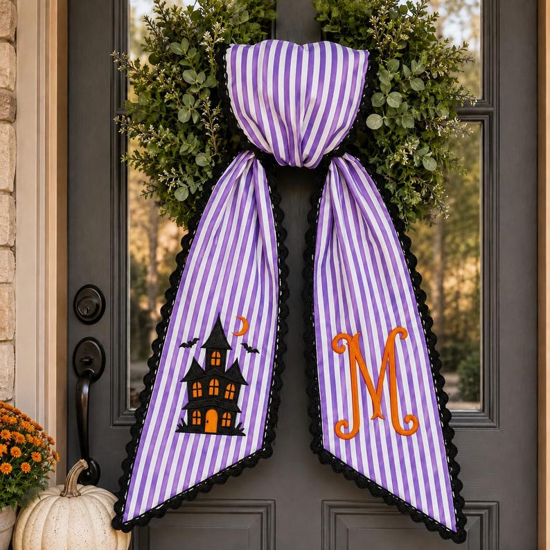 Personalized Haunted House Halloween Wreath Sash, Purple Stripe Monogram Door Bow