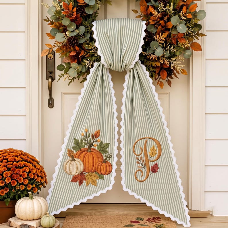 Custom Embroidery Pumpkin Autumn Wreath Sash, Personalized Fall Monogram Bow Decor, Stripe Ribbon Bow