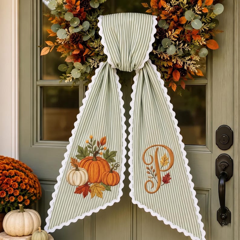 Custom Embroidery Pumpkin Autumn Wreath Sash, Personalized Fall Monogram Bow Decor, Stripe Ribbon Bow