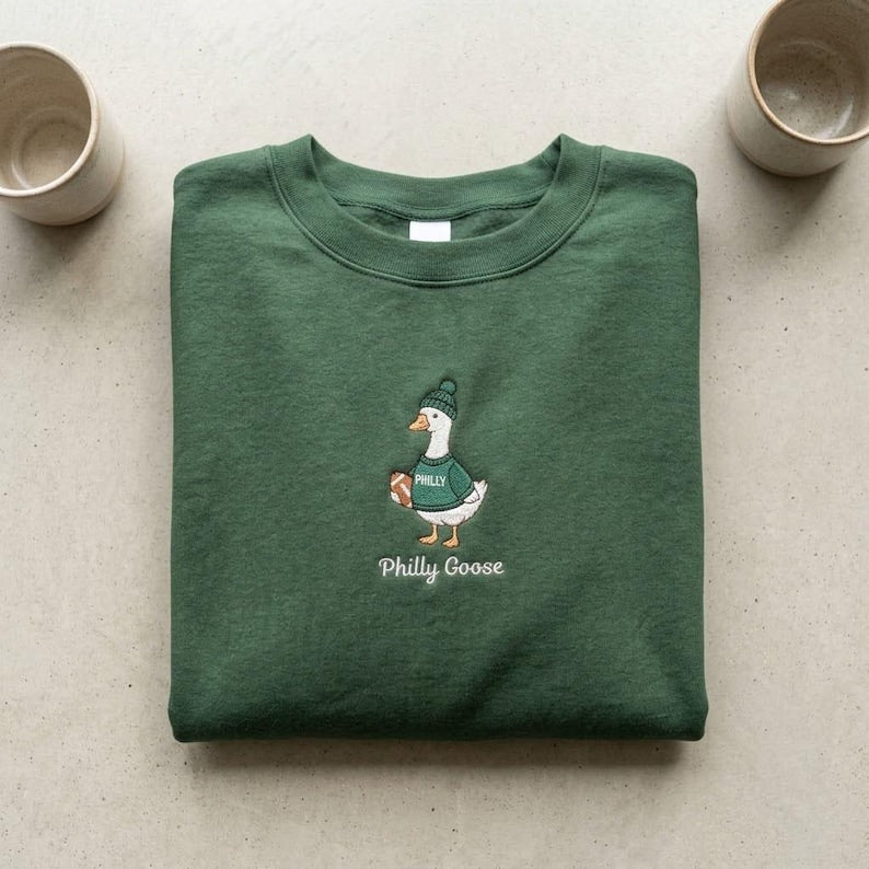 Embroidered Philly Goose Sweatshirt, Funny Philadelphia Football Crewneck, Green Game Day Mascot Pullover